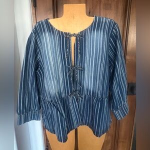 LOGO Lori Goldstein 16 blue  white stripe denim jacket layering 3/4 pockets!